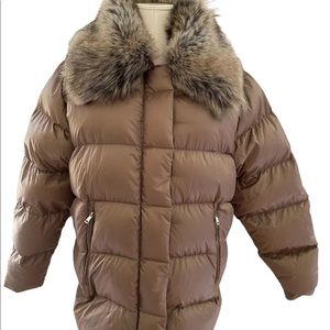 Lauren Ralph Lauren 90 Down Filled Womens Coat Faux-Fur Trim Sz Large Brown